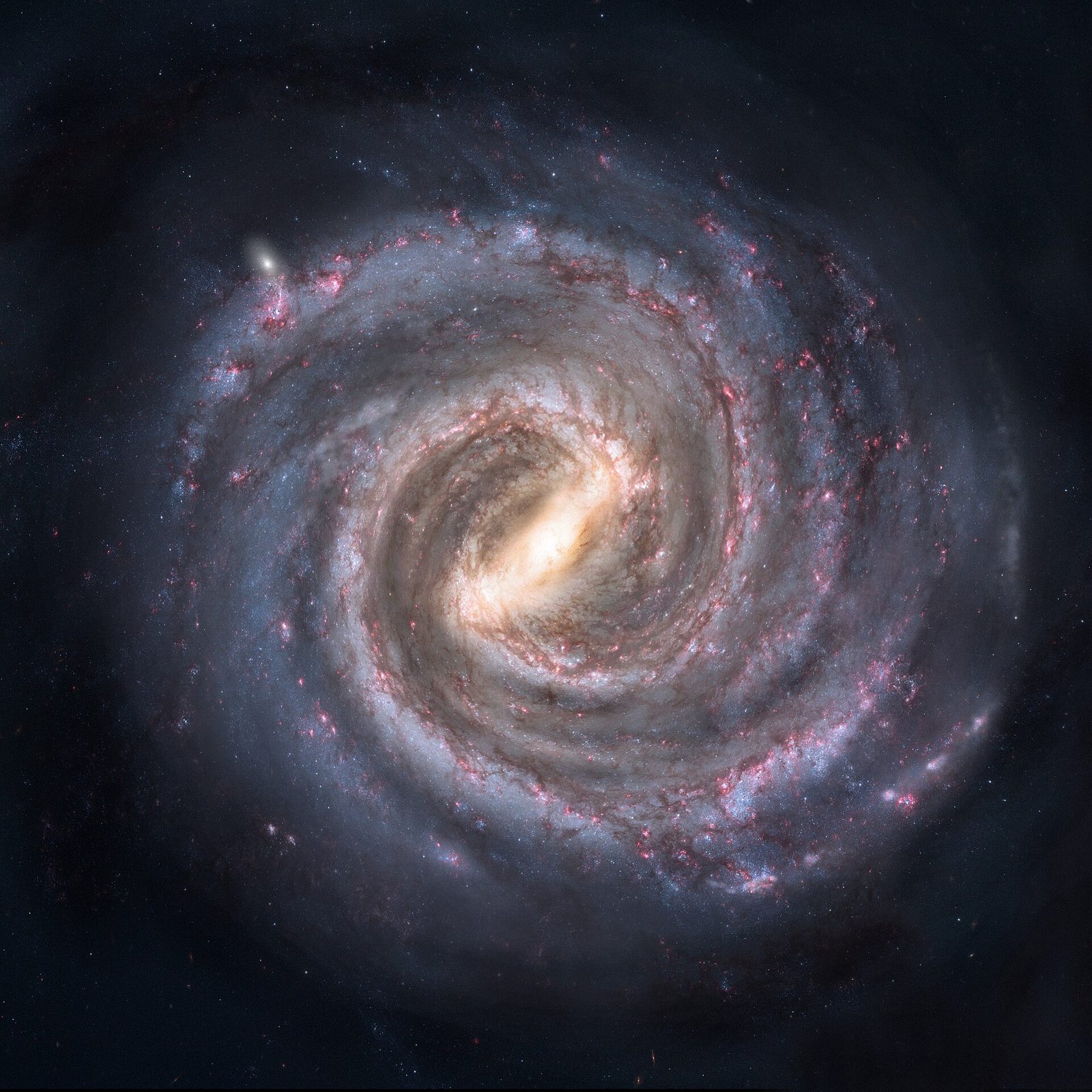 A spiral galaxy of the kind a telescope shows as a faint gray smudge — the long-exposure camera reveals the color and structure the eye cannot.